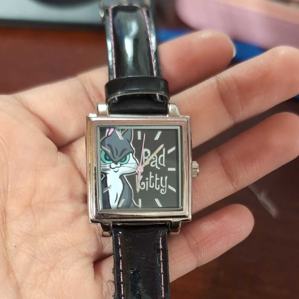 Ladies Black Leather Bad Kitty Watch (Sold As Is)
